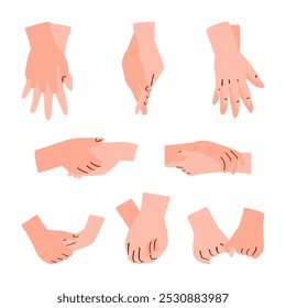 Mão Romântica Segurando Gestos. Uma coleção de 8 elementos de mão representando amor, afeto físico e profunda conexão entre amantes e casais