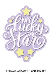 Romantic hand lettered vector sign with stars on purple background. Good for sticker, baner, card, flyer, print.