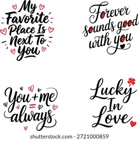 Romantic hand lettering quotes bundle for couples with hearts, t-shirt designs vector