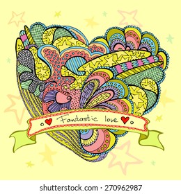 Romantic Hand-Drawn abstract illustration about girlish dreams of love. Doodle Vector Illustration on star background.