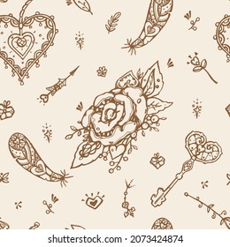 Romántico patrón vectorial sin fisuras de Boho con corazones, flechas, clave - para la boda, Día de San Valentín, compromiso.