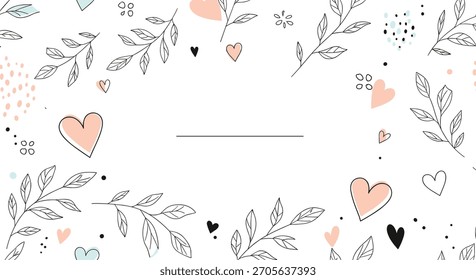 Romantic hand-drawn frame template with delicate leaves hearts and abstract dots perfect for a wedding or valentine's card.