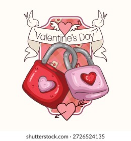Una romántica ilustración dibujada a mano con un candado rojo y rosa, cada uno decorado con un corazón, encerrado para simbolizar el amor eterno. El diseño incluye un Anuncio de cinta "Día de San Valentín", dos palomas blancas y Pequeños corazones flotantes sobre un fondo rosa decorativo. Perfecto para tarjetas de felicitación románticas, invitaciones de boda y materiales de marketing de temática navideña.