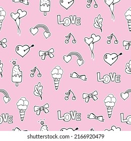 romantic hand-drawn love icon and heart on a seamless pattern, ideal for expressing affection and suitable for romantic-themed designs.