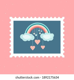 С breve y romántica estampilla a mano con arcoiris, nubes y corazones. El concepto de amor y San Valentín. Diseños para tarjetas de felicitación, imprimir, web.