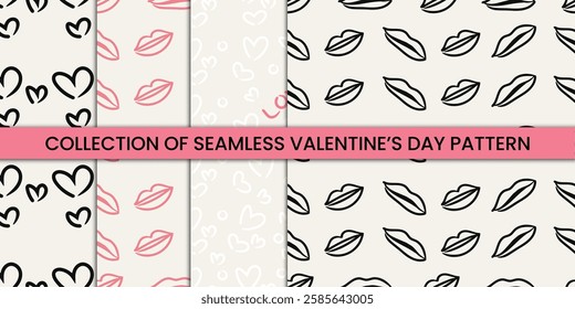 Romantic hand-drawn seamless patterns with hearts and lips, perfect for weddings, gifts, and digital designs.