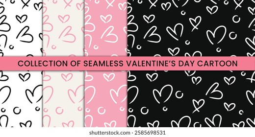 Romantic hand-drawn seamless patterns with hearts and lips, perfect for weddings, gifts, and digital designs.