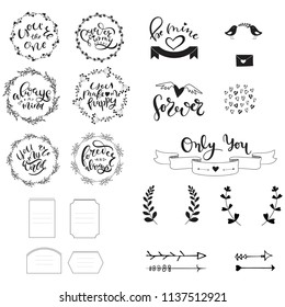 Romantic handdrawn set of elements. Unique vector clipart. For wedding, valentine's day, celebrations. Bundle of frames, wreaths, lettering quotes, decor elements