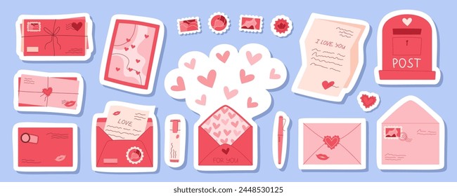 Romantic handmade mail and envelope sticker pack, modern love post card and letter design with heart and kiss, trendy cute mailbox element, flat craft stamps collection, cartoon postcard and pens