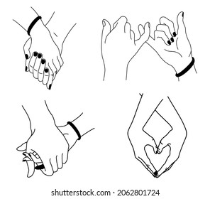 Romantic handshake. Relationship loving hands together. Woman and man handshakes line tattoo sketch. Couple love relationships holding hands, lovers wedding family holds outline draw. Vector art work