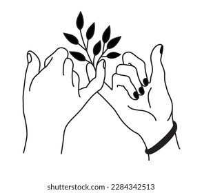 Romantic handshake. Relationship loving hands together. Two hands of lovers, holding palms as symbol of togetherness and safety. Couple lovers, love relationships,  wedding. Vector Tattoo sketch.