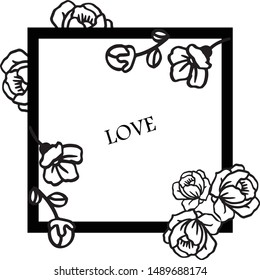 Romantic handwritten lettering love with rose wreath frame blooms. Vector