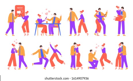 Romantic Happy Couple. Cute Boyfriend And Girlfriend In Love, Perfect Match Dating. Celebrating Valentine Day, Kisses, Hugs And Dancing Couples. Isolated Vector Illustration Icons Set