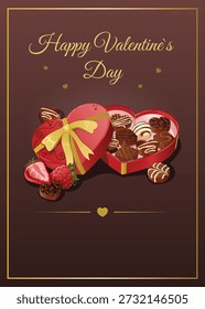 Romantic Happy Valentine’s Day Card Featuring Open Heart Chocolate Box with Assorted Pralines and Fresh Berries on Elegant Cocoa Brown Background with Gold Accents