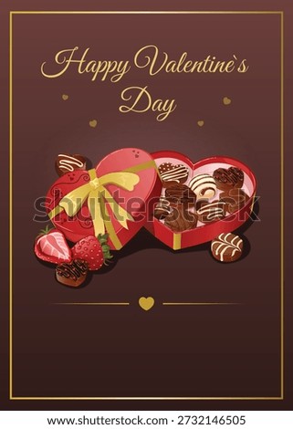 Romantic Happy Valentine’s Day Card Featuring Open Heart Chocolate Box with Assorted Pralines and Fresh Berries on Elegant Cocoa Brown Background with Gold Accents