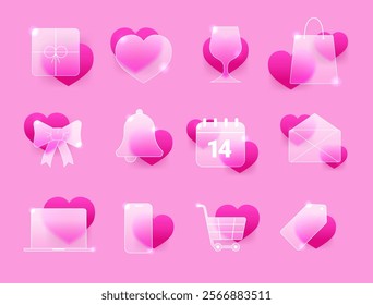 Romantic Happy Valentine’s Day glass morphism icon set on pink background. Vector love symbols collection 
