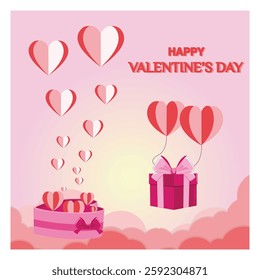 Romantic Happy Valentine’s Day themed  featuring gift boxes decorated with ribbons, floating heart shaped balloons, and pink tones creating a festive and loving atmosphere. 