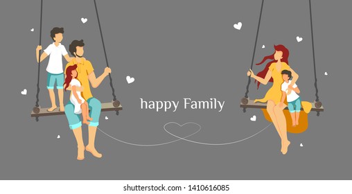 Romantic "Happy family" card design with young family. Parents and children sitting on the swing and looking at each other. Vector illustration in flat style on gray background perfect for postcard.
