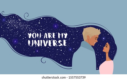 Romantic happy loving couple. Girl has long hair that look like universe. Vector illustration. Happy Valentines Day 14 February illustration