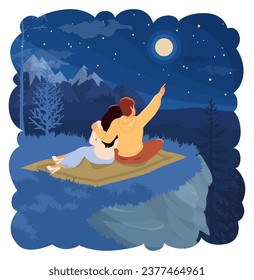Romantic happy loving couple looking in starry night sky vector illustration. Back view of man and woman lovers admiring beautiful evening enjoying romance on date