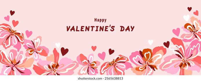 Romantic Happy Valentine's Day banner, exotic abstract flowers, hearts. Greeting vector illustration, love card, valentine, message on social networks, marketing, advertising, discounts