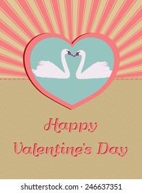 Romantic Happy Valentines Day card.Swan Couple In Love.