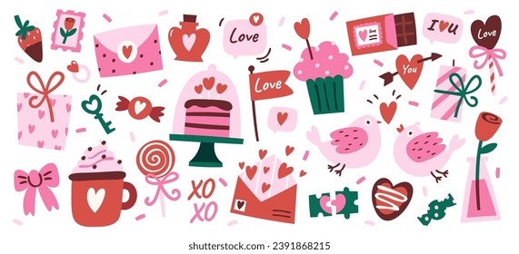 Romantic happy Valentines day greeting card design elements isolated set vector illustration. Sweet dessert treats, letter envelop with congratulation, heart shape decoration cute girlish style