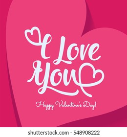 Romantic Happy Valentines Day vector card. Typographic design with love hearts in purple and cream. Great for scrapbook, poster, sign, menu, party invitation, social media, web banner.