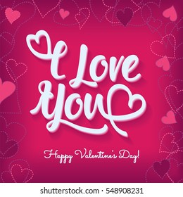 Romantic Happy Valentines Day vector card. Typographic design with love hearts in purple and cream. Great for scrapbook, poster, sign, menu, party invitation, social media, web banner.