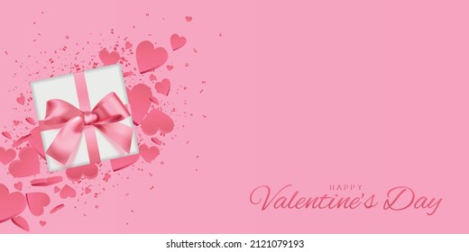 Banner romántico de cabecera con hermosa caja de regalo y corazón rosa mosca. Colocar el texto. Desilusión vectorial por saludar con Feliz Día de San Valentín, Día de la Mujer o Día de la Madre
