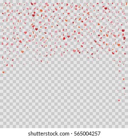 Romantic heart background. Vector illustration for holiday design. Many flying hearts on transparent background. For wedding card, valentine day greetings, lovely frame.
