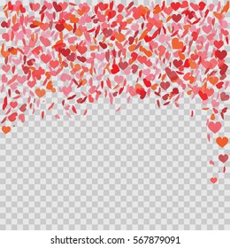Romantic heart background. Vector illustration for holiday design. Many flying hearts on transparent background. For wedding card, valentine day greetings, lovely frame.