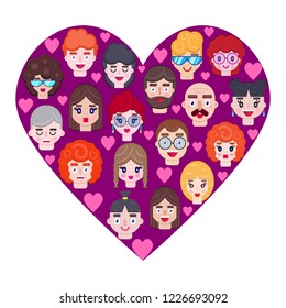 Romantic heart with boys and girls faces. Card for Valentines day