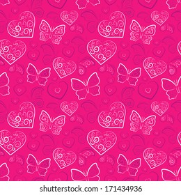 Romantic heart and butterfly vector seamless pattern (tiling). Pink, purple, white lush colors. Endless texture can be used for printing onto fabric and paper or scrap booking. Valentine background.
