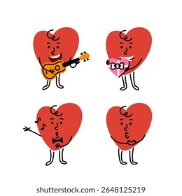 Caráter romântico do coração no amor, toca guitarra, canta uma música, dá um presente, faz um símbolo do amor com as mãos. Mascote desenhado à mão bonito desenho animado com expressão facial diferente. Traçado editável