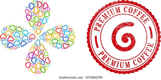 Romantic heart colored centrifugal flower with 4 petals, and red round PREMIUM COFFEE textured stamp. Romantic heart symbol inside round rubber print.