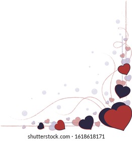 Romantic heart corner decoration with hearts and frame for Happy Valentines Day greeting card or Wedding invitation. Vector border template.