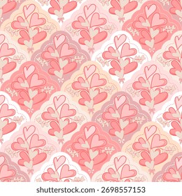 Padrão De Damasco De Coração Romântico. Dia dos Namorados Plano de Fundo do Coração Sem Costura. Elegante estilo vintage papel de parede coração. Delicado Pastel Hearts Bouquet com Arcos.