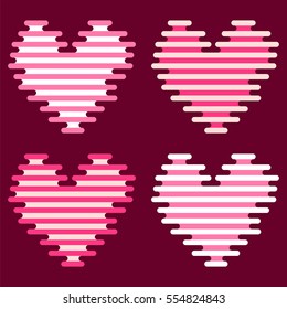 Romantic heart. Design for the day of Valentine on burgundy background. Pink and coral stripes.