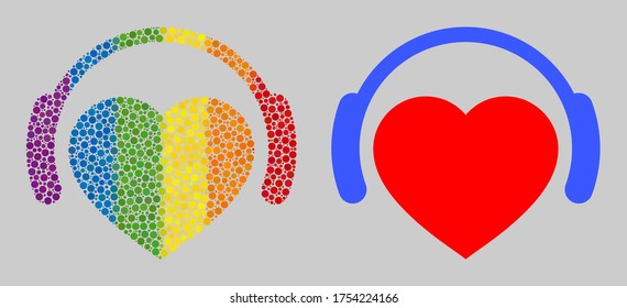 Romantic heart DJ composition icon of filled circles in variable sizes and rainbow colored color tints. A dotted LGBT-colored Romantic heart DJ for lesbians, gays, bisexuals, and transgenders.