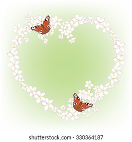 romantic heart frame of cherry blossoms with butterflies, vector illustration
