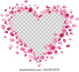 Romantic heart frame created from pink sakura petals with transparent center for photo or text overlay. Realistic look, floral theme. Stock vector illustration in realistic style.