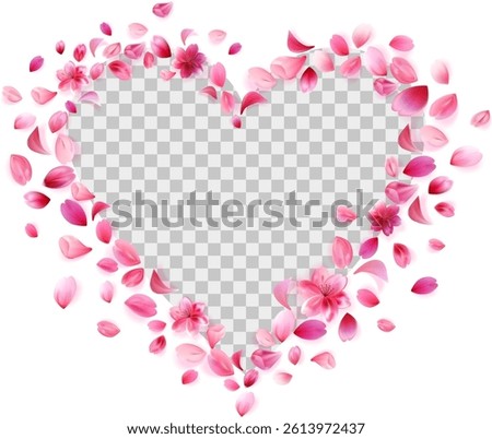Romantic heart frame created from pink sakura petals with transparent center for photo or text overlay. Realistic look, floral theme. Stock vector illustration in realistic style.