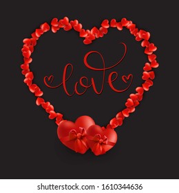 Romantic heart frame on black background with lettering. Vector template for St.Valentine's day banner.Valentines Day greeting card design