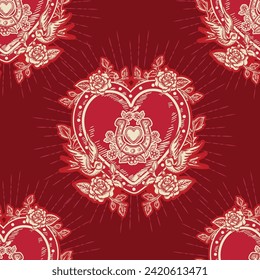 Romantic Heart hand drawn  Love Theme Tattoo art  seamless pattern in trendy retro style. Vector,Design for fashion , fabric, textile, wallpaper , wrapping and all prints 