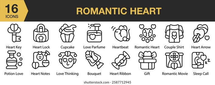 Romantic Heart icon set. Includes romantic, love, heart, romance, card, holiday, and More. Outline icons vector collection.