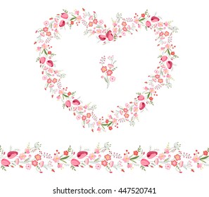 Romantic heart made of floral elements, with phrase I love you. Endless horizontal pattern brush.