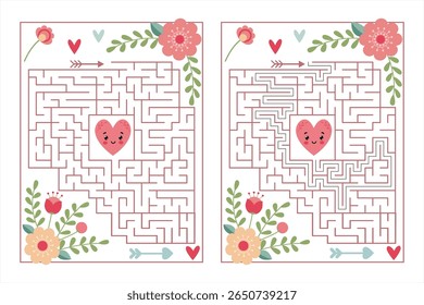 Romantic heart maze with solution – flat vector illustration in pastel pink colors on white background, perfect for Valentine’s Day cards, love games, and wedding designs
