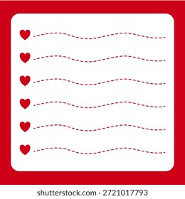 Romantic Heart Note Paper Template with Red Dashed Lines