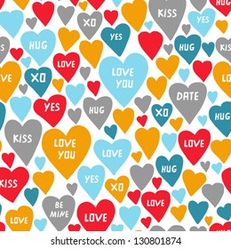 Romantic heart pattern. Beautiful hearts with words background. Creative background with hearts. Vintage hearts skin for your device. Vector illustration